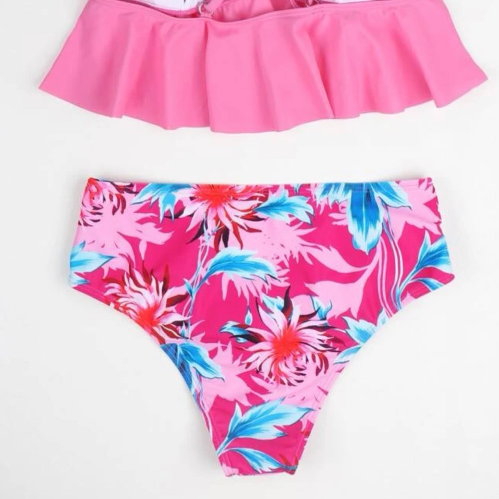 Boho ruffle tropical floral print bikini hot pink blue swim suit - Picture 2 of 2
